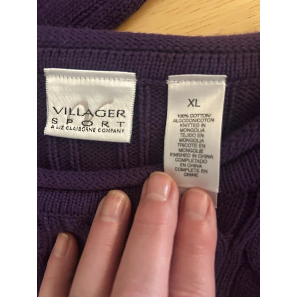 Eggplant Purple Cable Knit Sweater Women XL 100% Cotton Villager Sport Claiborne - Picture 7 of 10